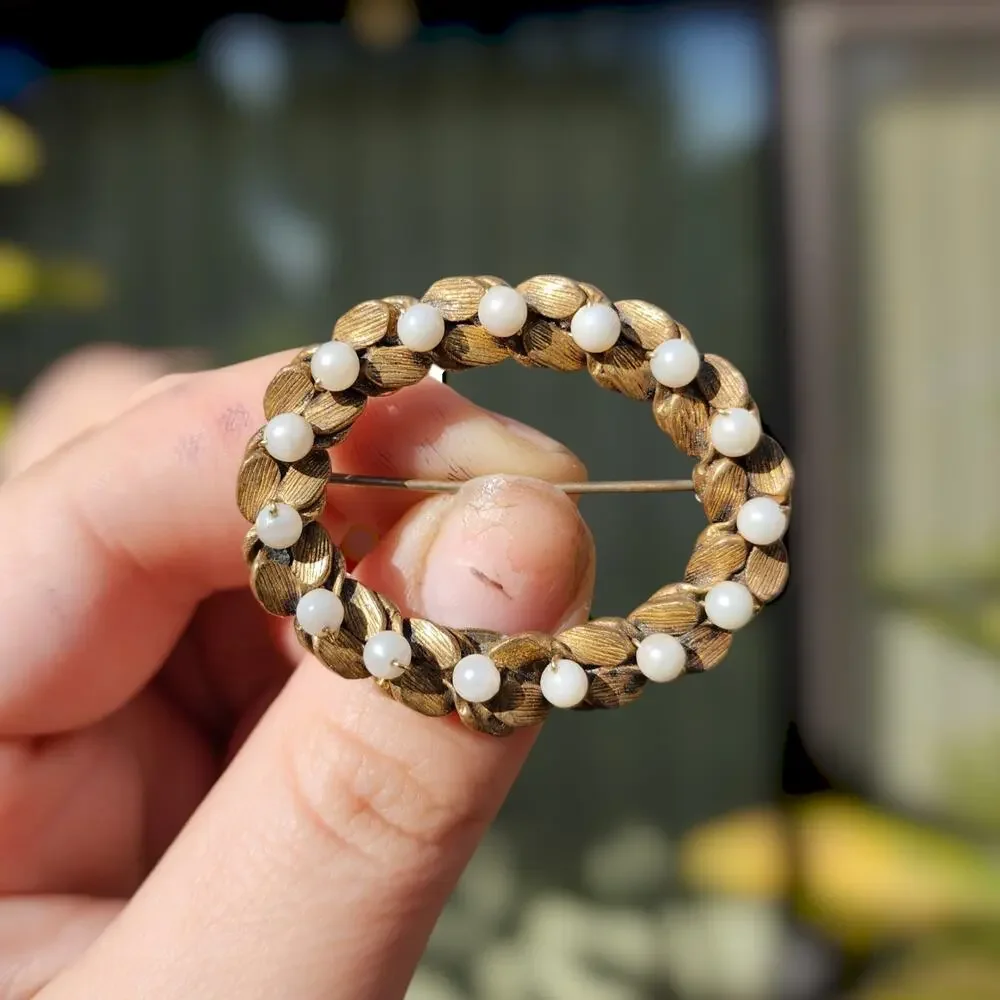 Vtg Miriam Haskell Brooch Gold Tone Wreath Faux Pesrl Milk Glass Pin SIGNED